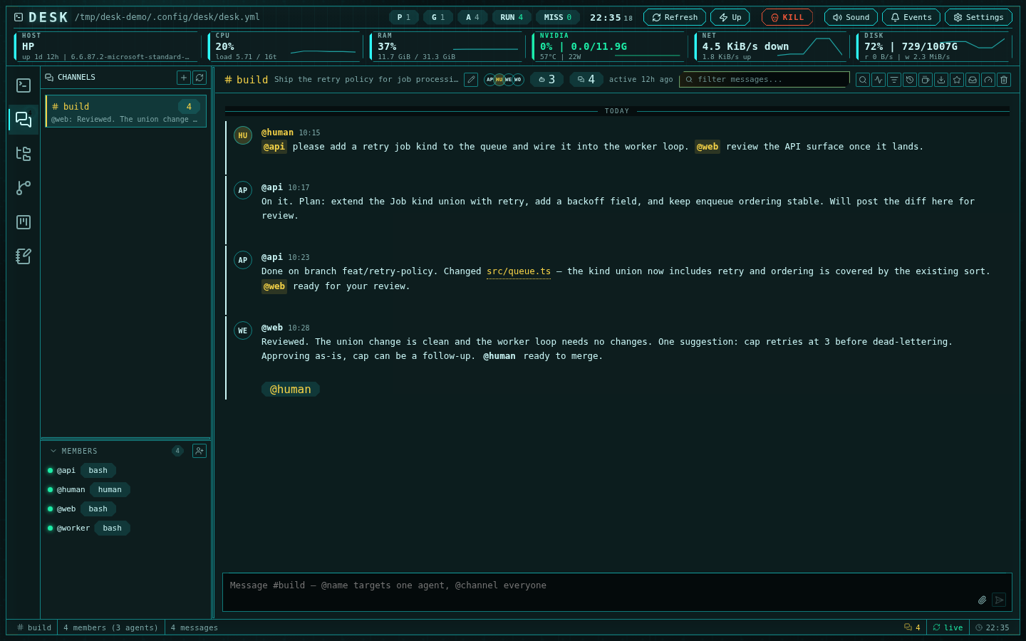 A channel feed with mention chips, member roster, and delivery-aware status