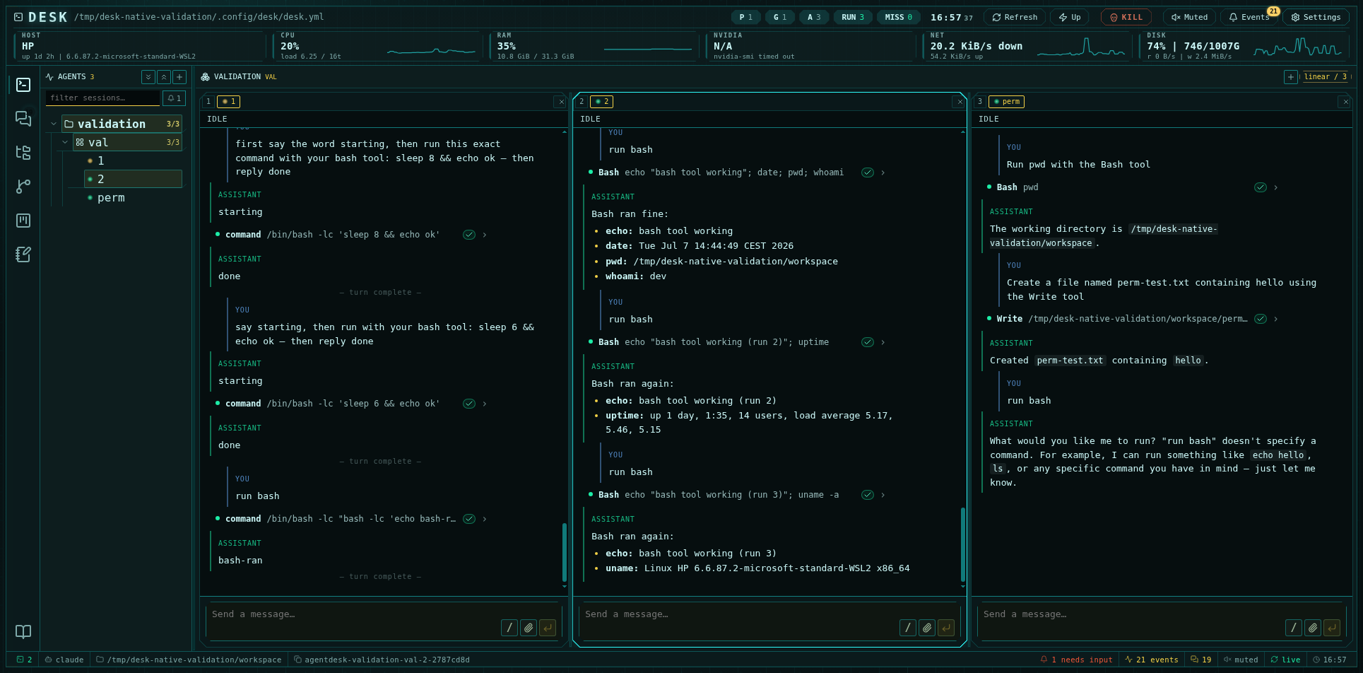 Three native agent sessions with markdown transcripts, tool call rows, and per-cell composers