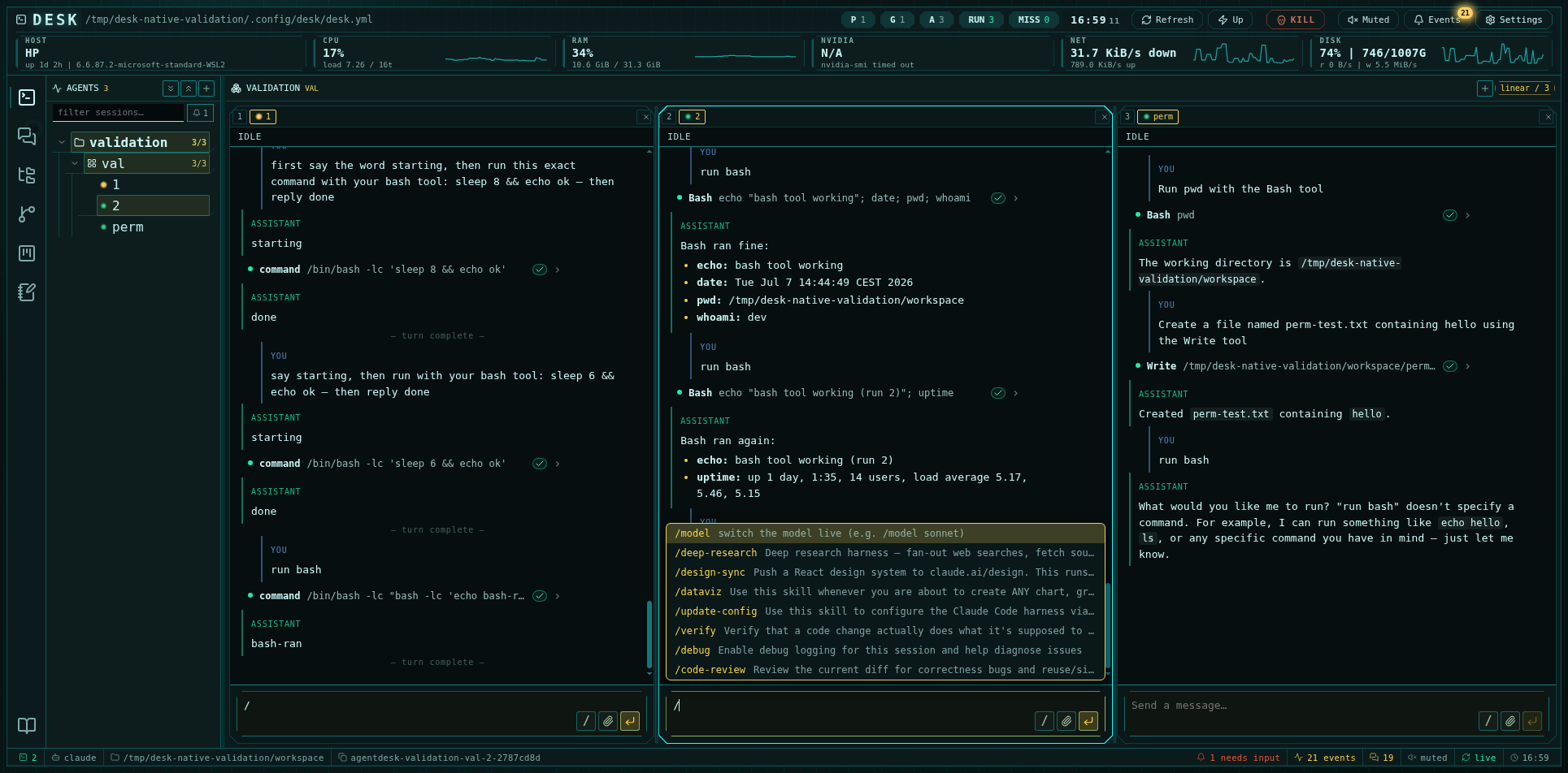 Native composer with the slash command palette open