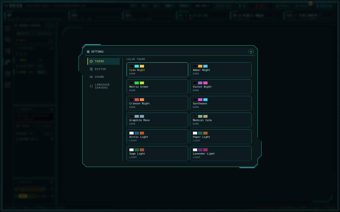 Settings modal with the theme grid